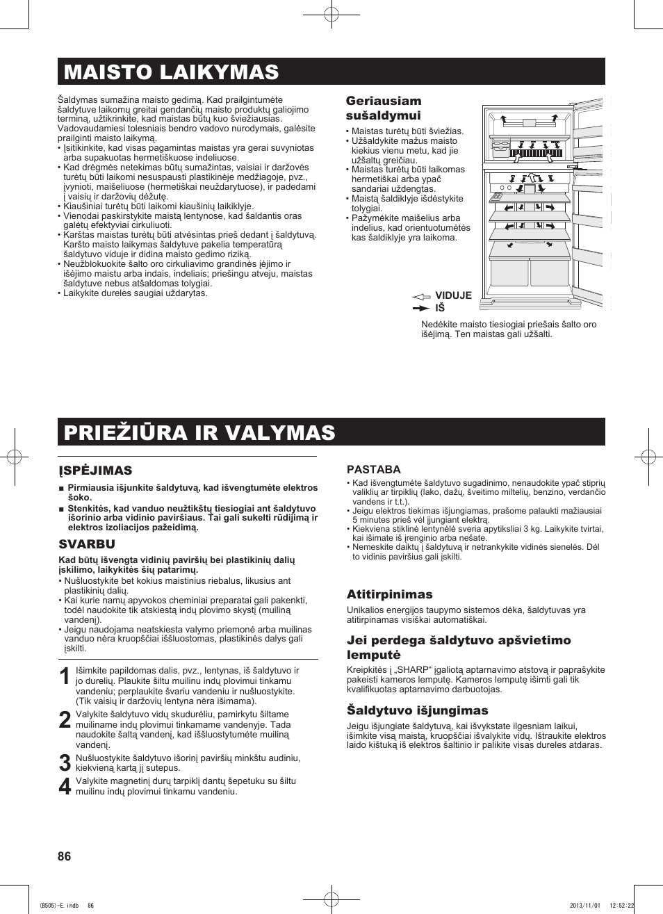 Maisto laikymas, Priežiūra ir valymas | Sharp SJ-SC700VSL User Manual | Page 86 / 124