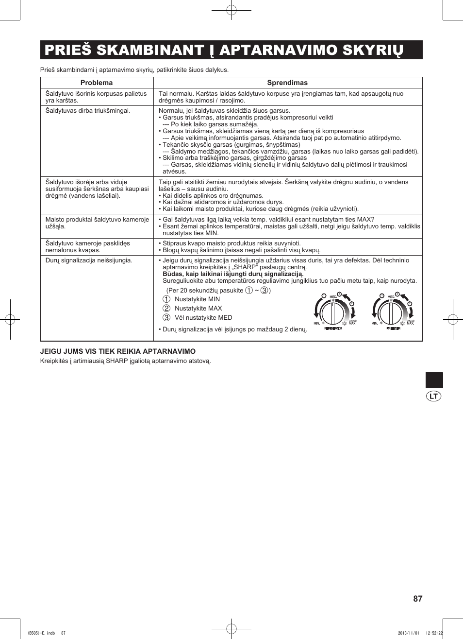 Prieš skambinant į aptarnavimo skyrių | Sharp SJ-SC700VSL User Manual | Page 87 / 124