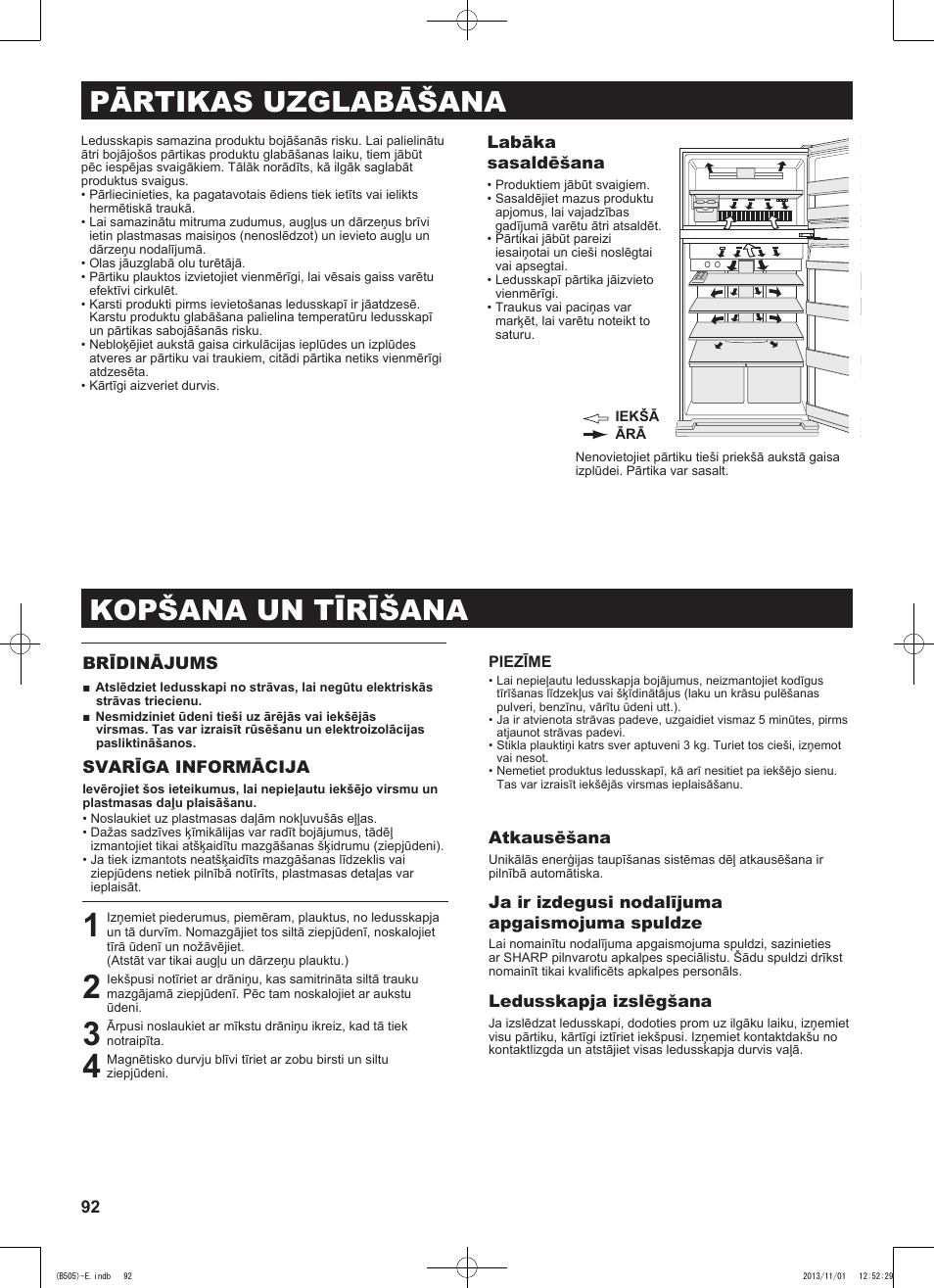 Pārtikas uzglabāšana, Kopšana un tīrīšana | Sharp SJ-SC700VSL User Manual | Page 92 / 124