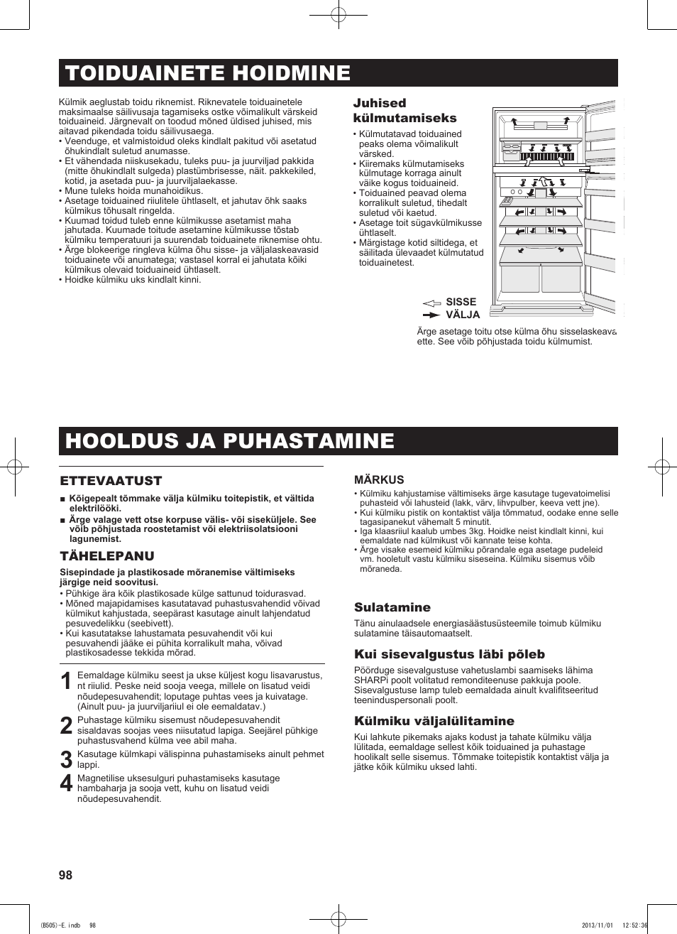 Toiduainete hoidmine, Hooldus ja puhastamine | Sharp SJ-SC700VSL User Manual | Page 98 / 124