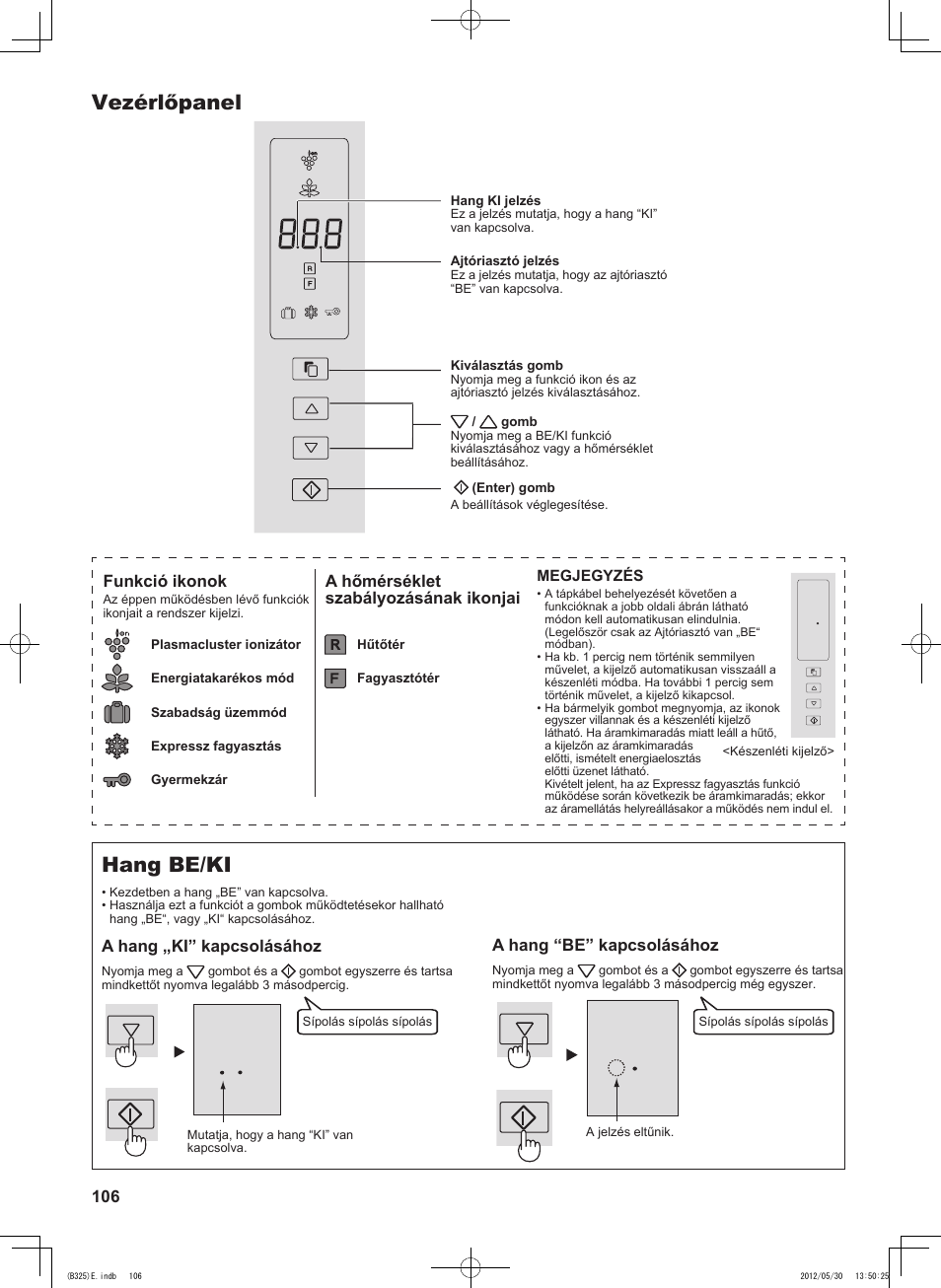 Vezérlőpanel, Hang be/ki, 116 a hang “be” kapcsolásához | Funkció ikonok, A hőmérséklet szabályozásának ikonjai, A hang „ki” kapcsolásához | Sharp SJ-FP760VST User Manual | Page 106 / 224