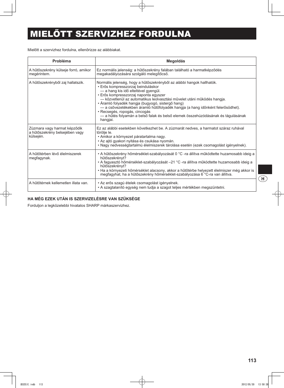 Mielőtt szervizhez fordulna | Sharp SJ-FP760VST User Manual | Page 113 / 224