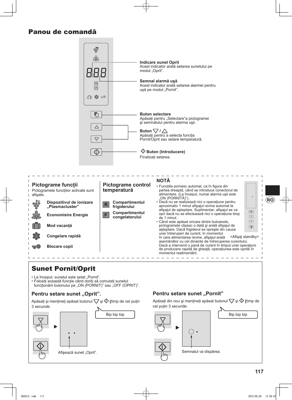 Panou de comandă, Sunet pornit/oprit, 117 pentru setare sunet „pornit | Pictograme funcţii, Pictograme control temperatură, Pentru setare sunet „oprit | Sharp SJ-FP760VST User Manual | Page 117 / 224