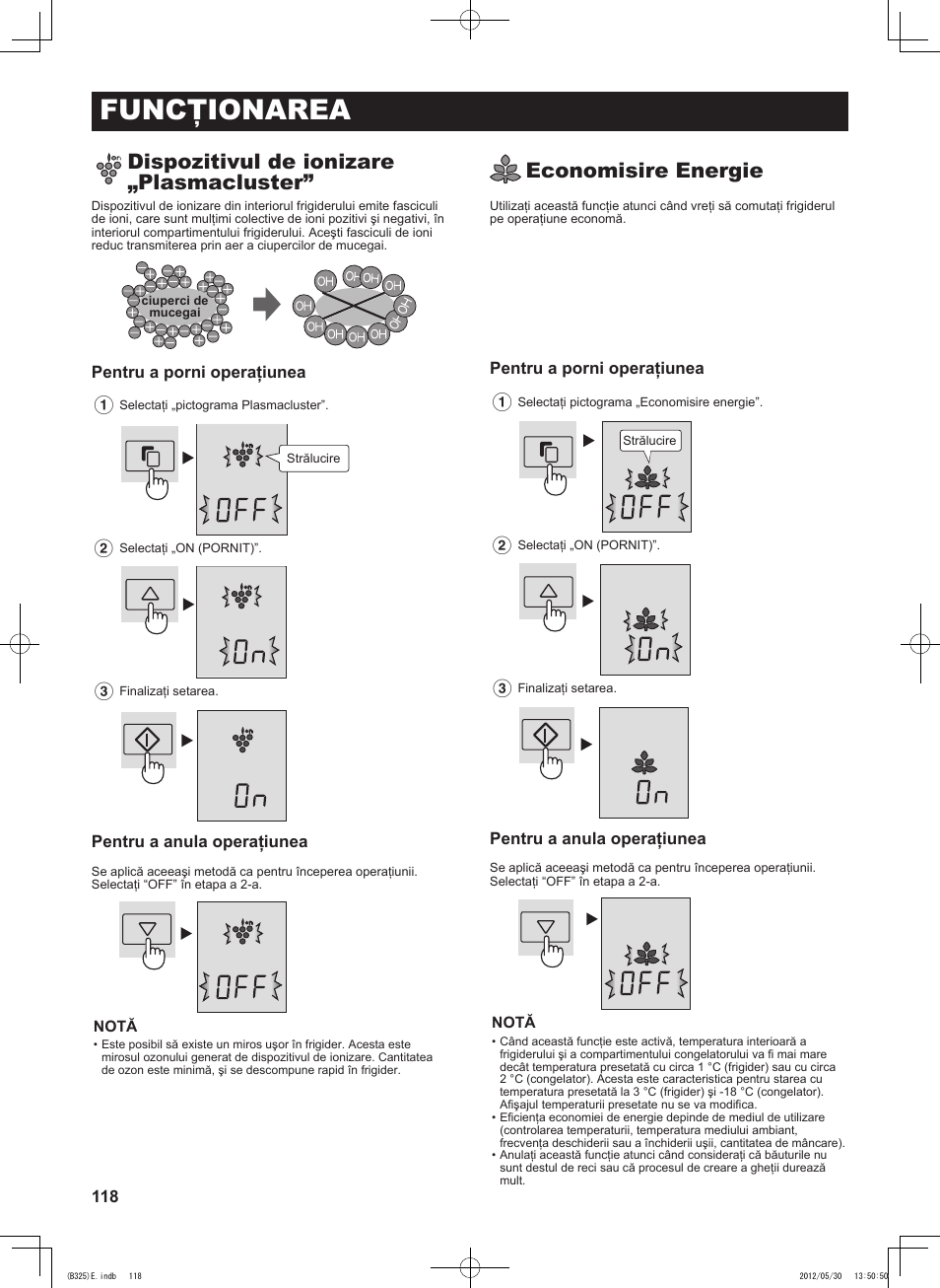 Funcţionarea, Dispozitivul de ionizare „plasmacluster, Economisire energie | Sharp SJ-FP760VST User Manual | Page 118 / 224