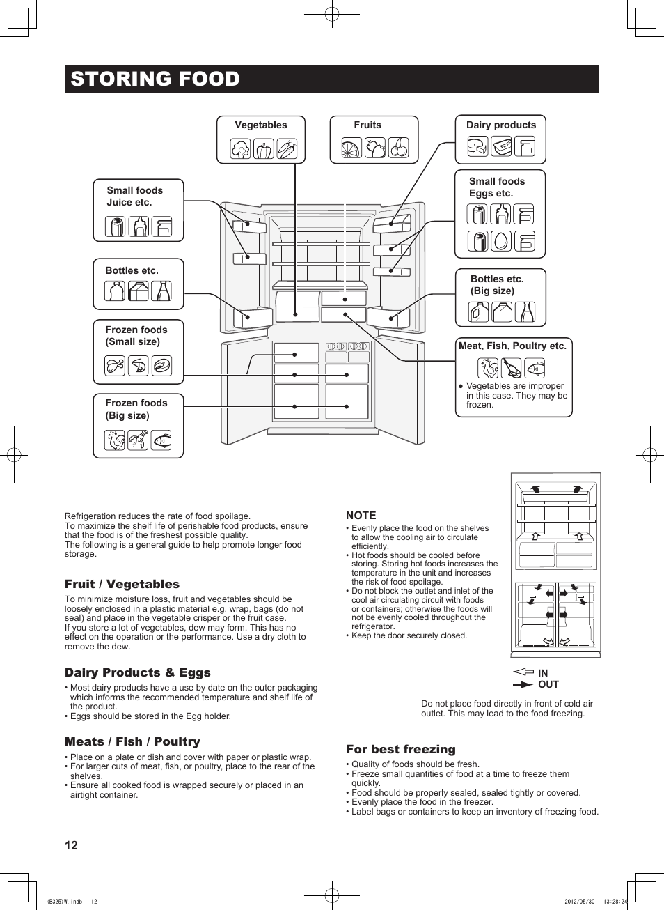 Storing food, Fruit / vegetables, Dairy products & eggs | Meats / fish / poultry, For best freezing | Sharp SJ-FP760VST User Manual | Page 12 / 224