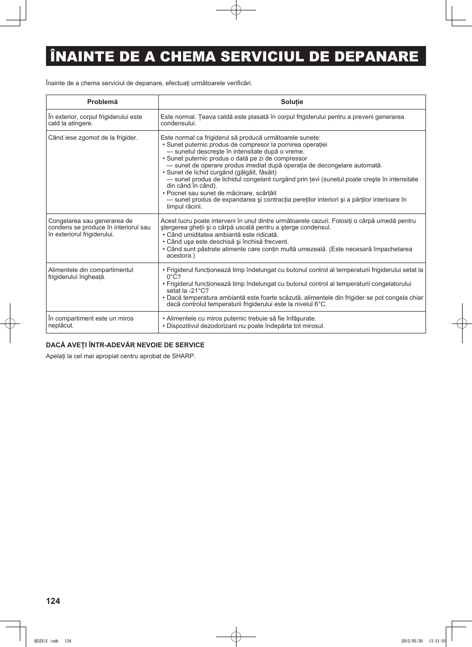 Înainte de a chema serviciul de depanare | Sharp SJ-FP760VST User Manual | Page 124 / 224