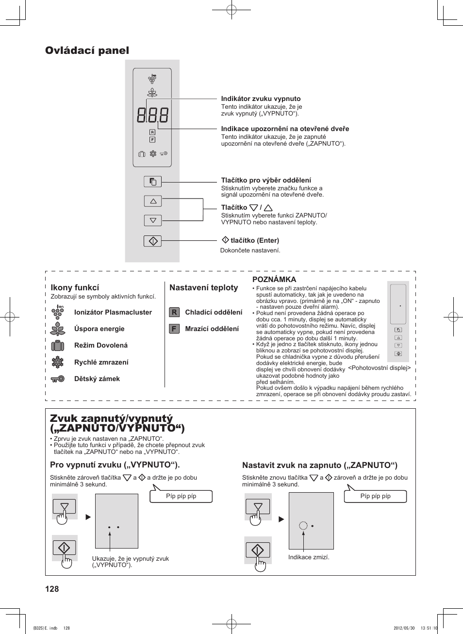 Ovládací panel, Zvuk zapnutý/vypnutý („zapnuto/vypnuto“), 128 nastavit zvuk na zapnuto („zapnuto“) | Ikony funkcí, Nastavení teploty, Pro vypnutí zvuku („vypnuto“) | Sharp SJ-FP760VST User Manual | Page 128 / 224