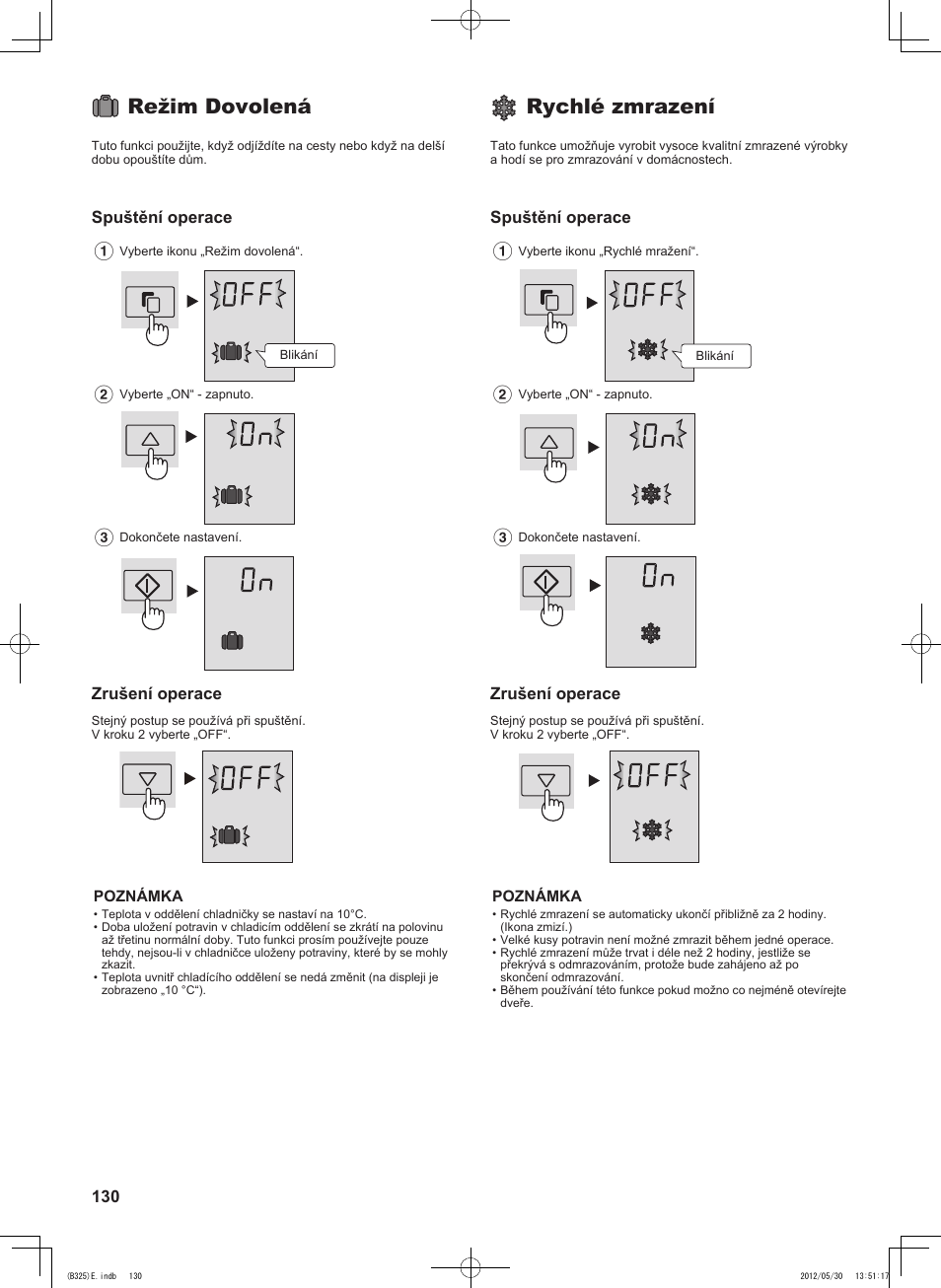 Režim dovolená, Rychlé zmrazení, Spuštění operace | Zrušení operace | Sharp SJ-FP760VST User Manual | Page 130 / 224