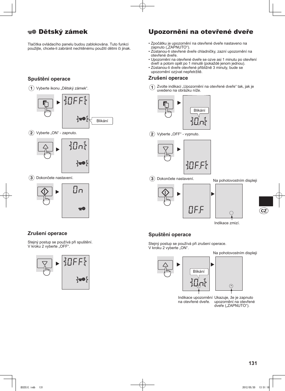 Upozornění na otevřené dveře, Dětský zámek, Zrušení operace | Spuštění operace | Sharp SJ-FP760VST User Manual | Page 131 / 224