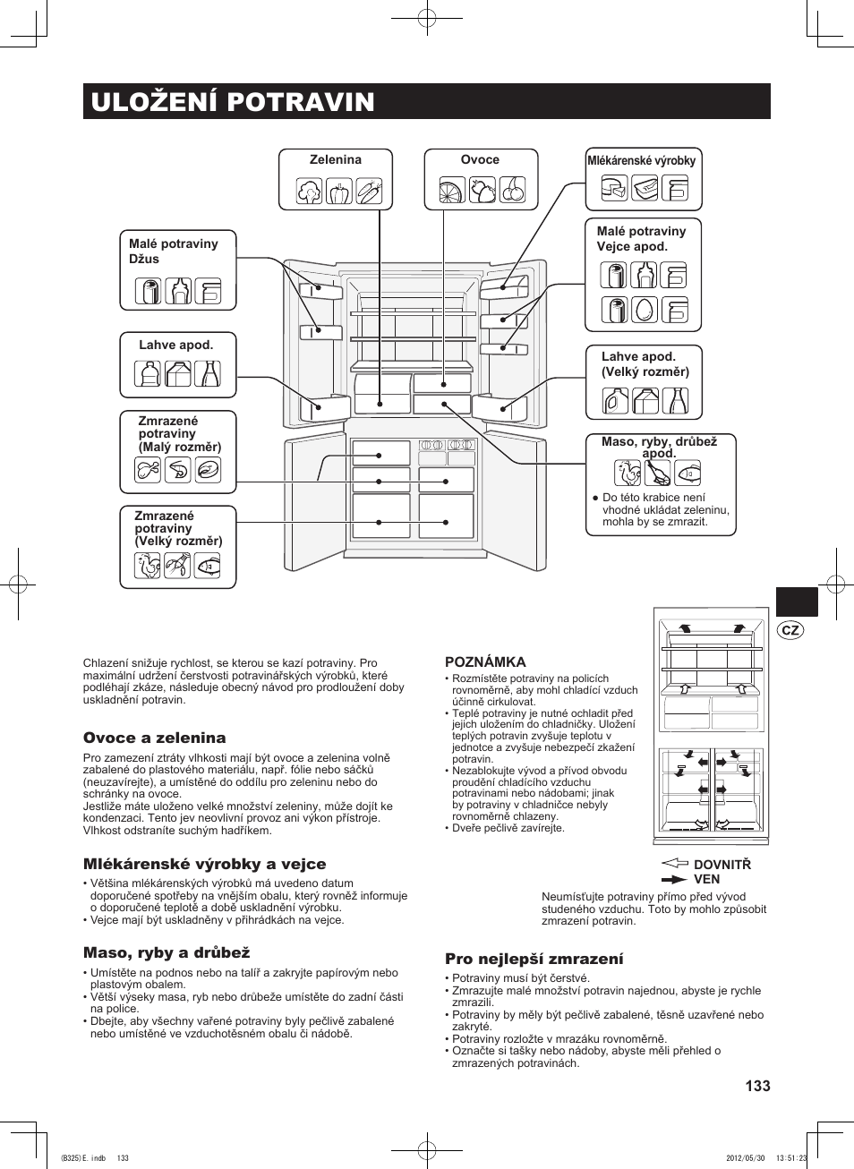 Uložení potravin, Ovoce a zelenina, Mlékárenské výrobky a vejce | Maso, ryby a drůbež, Pro nejlepší zmrazení | Sharp SJ-FP760VST User Manual | Page 133 / 224
