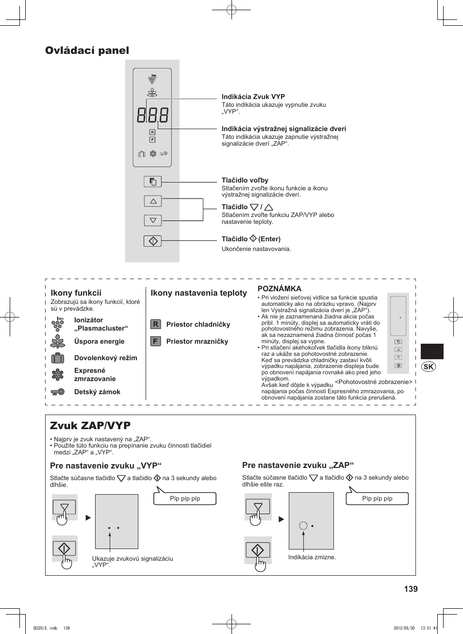 Ovládací panel, Zvuk zap/vyp, 139 pre nastavenie zvuku „zap | Ikony funkcií, Ikony nastavenia teploty, Pre nastavenie zvuku „vyp | Sharp SJ-FP760VST User Manual | Page 139 / 224