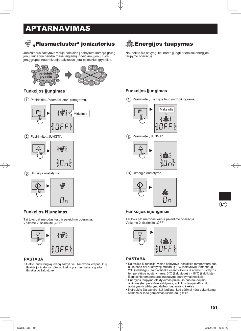 Aptarnavimas, Plasmacluster“ jonizatorius, Energijos taupymas | Sharp SJ-FP760VST User Manual | Page 151 / 224