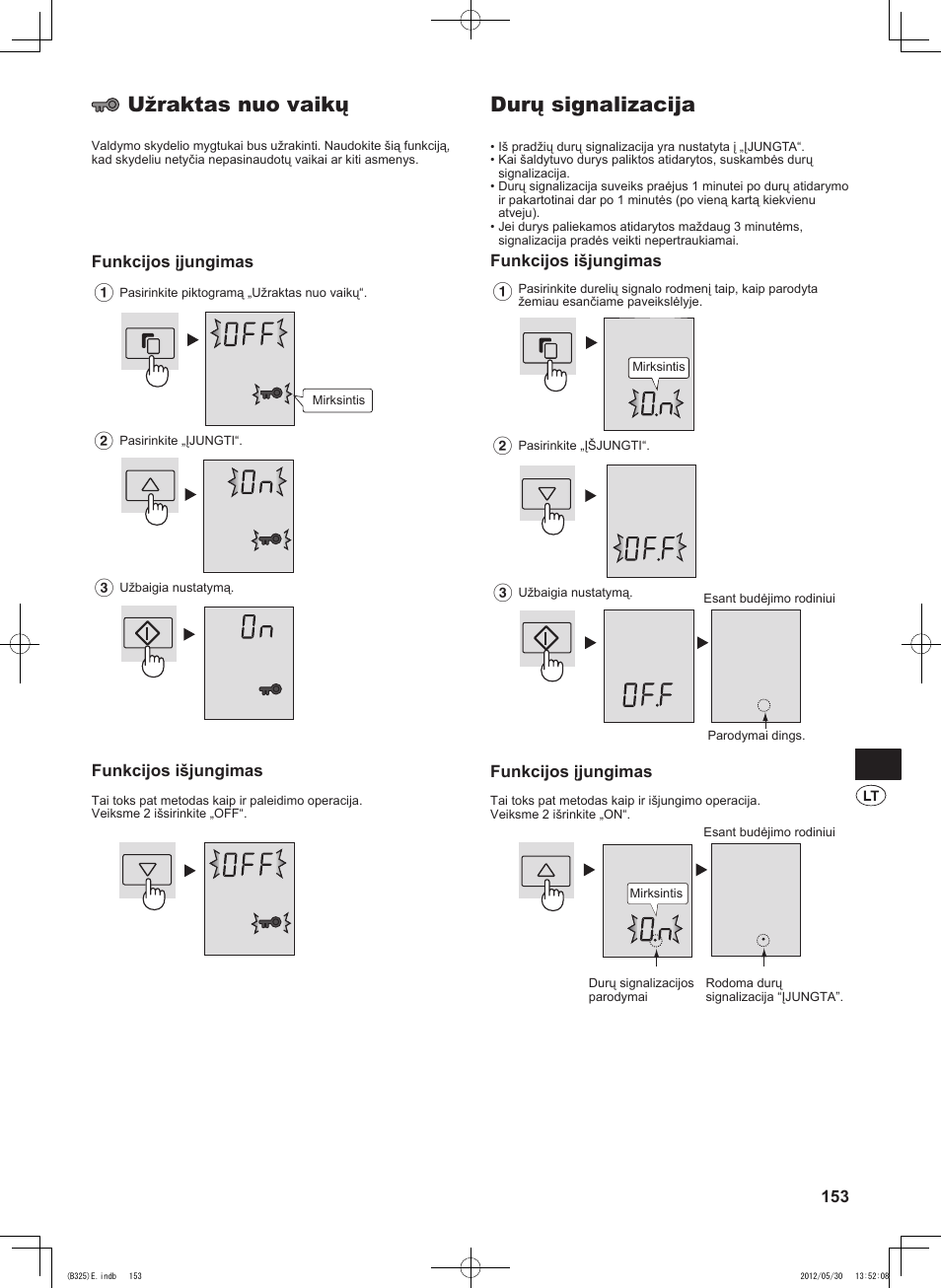 Durų signalizacija, Užraktas nuo vaikų, Funkcijos išjungimas | Funkcijos įjungimas | Sharp SJ-FP760VST User Manual | Page 153 / 224