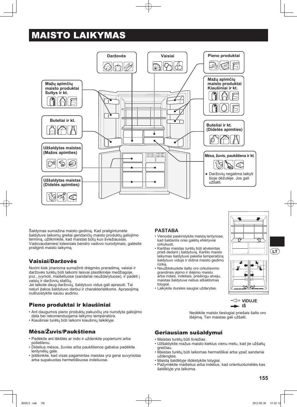 Maisto laikymas, Vaisiai/daržovės, Pieno produktai ir kiaušiniai | Mėsa/žuvis/paukštiena, Geriausiam sušaldymui | Sharp SJ-FP760VST User Manual | Page 155 / 224