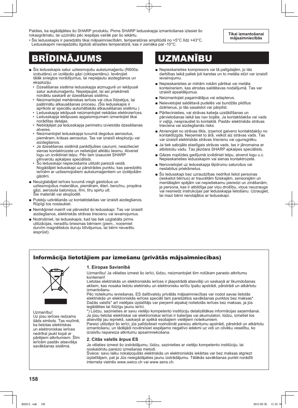 Brīdinājums uzmanību | Sharp SJ-FP760VST User Manual | Page 158 / 224