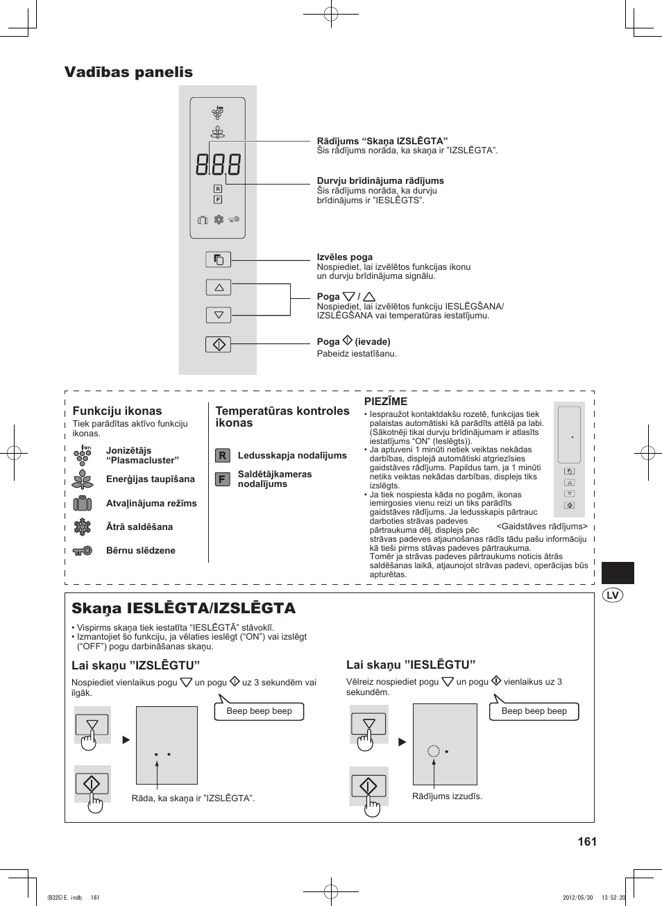 Vadības panelis, Skaņa ieslēgta/izslēgta, 161 lai skaņu ”ieslēgtu | Funkciju ikonas, Temperatūras kontroles ikonas, Lai skaņu ”izslēgtu | Sharp SJ-FP760VST User Manual | Page 161 / 224