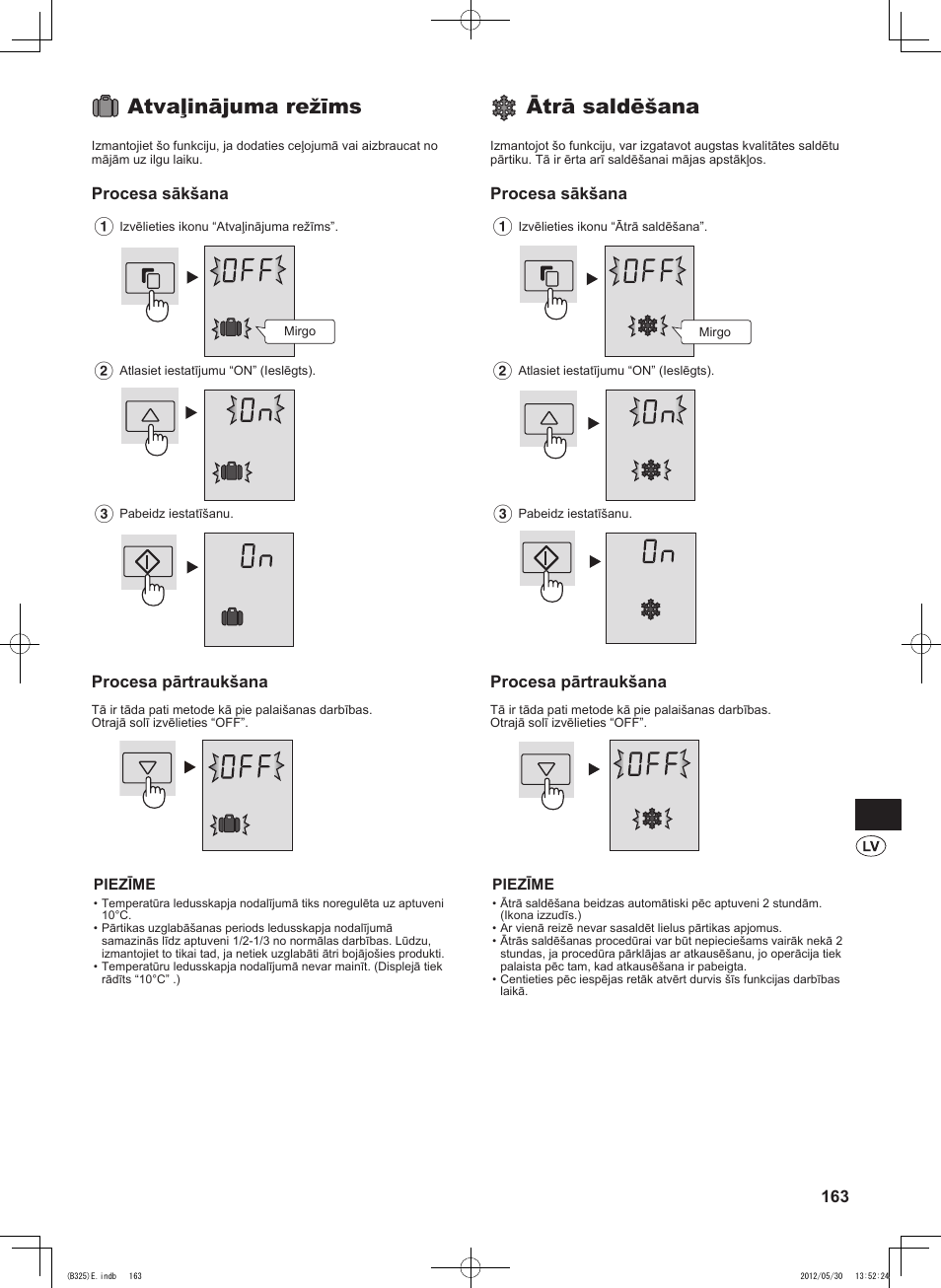 Atvaļinājuma režīms, Ātrā saldēšana, Procesa sākšana | Procesa pārtraukšana | Sharp SJ-FP760VST User Manual | Page 163 / 224