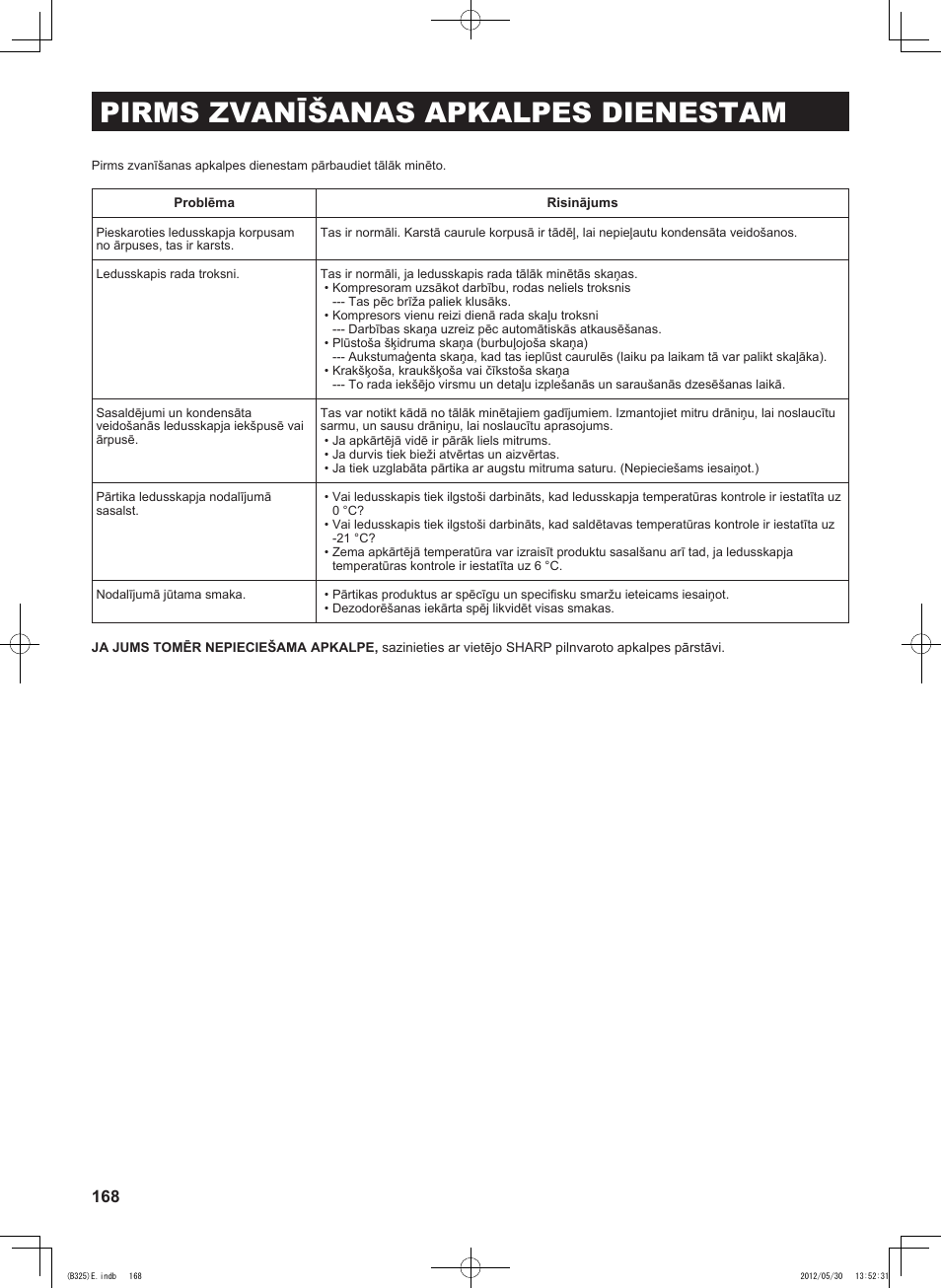 Pirms zvanīšanas apkalpes dienestam | Sharp SJ-FP760VST User Manual | Page 168 / 224