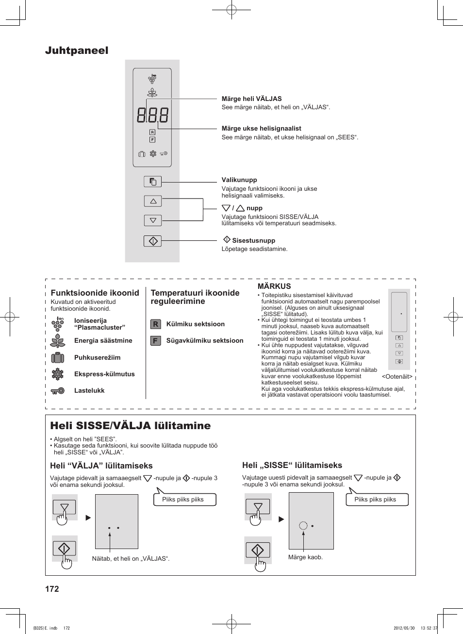 Juhtpaneel, Heli sisse/välja lülitamine, 172 heli „sisse“ lülitamiseks | Funktsioonide ikoonid, Temperatuuri ikoonide reguleerimine, Heli “välja” lülitamiseks | Sharp SJ-FP760VST User Manual | Page 172 / 224