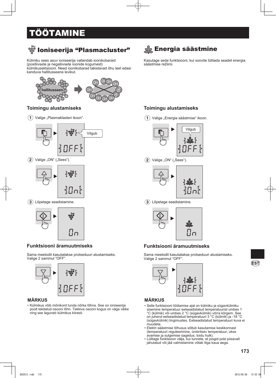 Töötamine, Ioniseerija “plasmacluster, Energia säästmine | Sharp SJ-FP760VST User Manual | Page 173 / 224