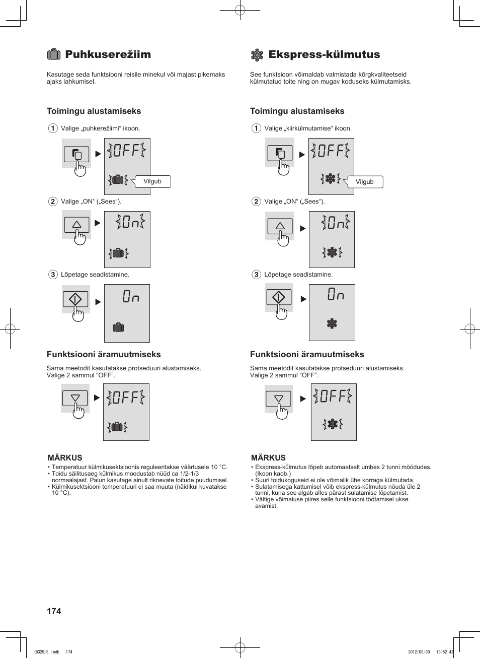 Puhkuserežiim, Ekspress-külmutus | Sharp SJ-FP760VST User Manual | Page 174 / 224