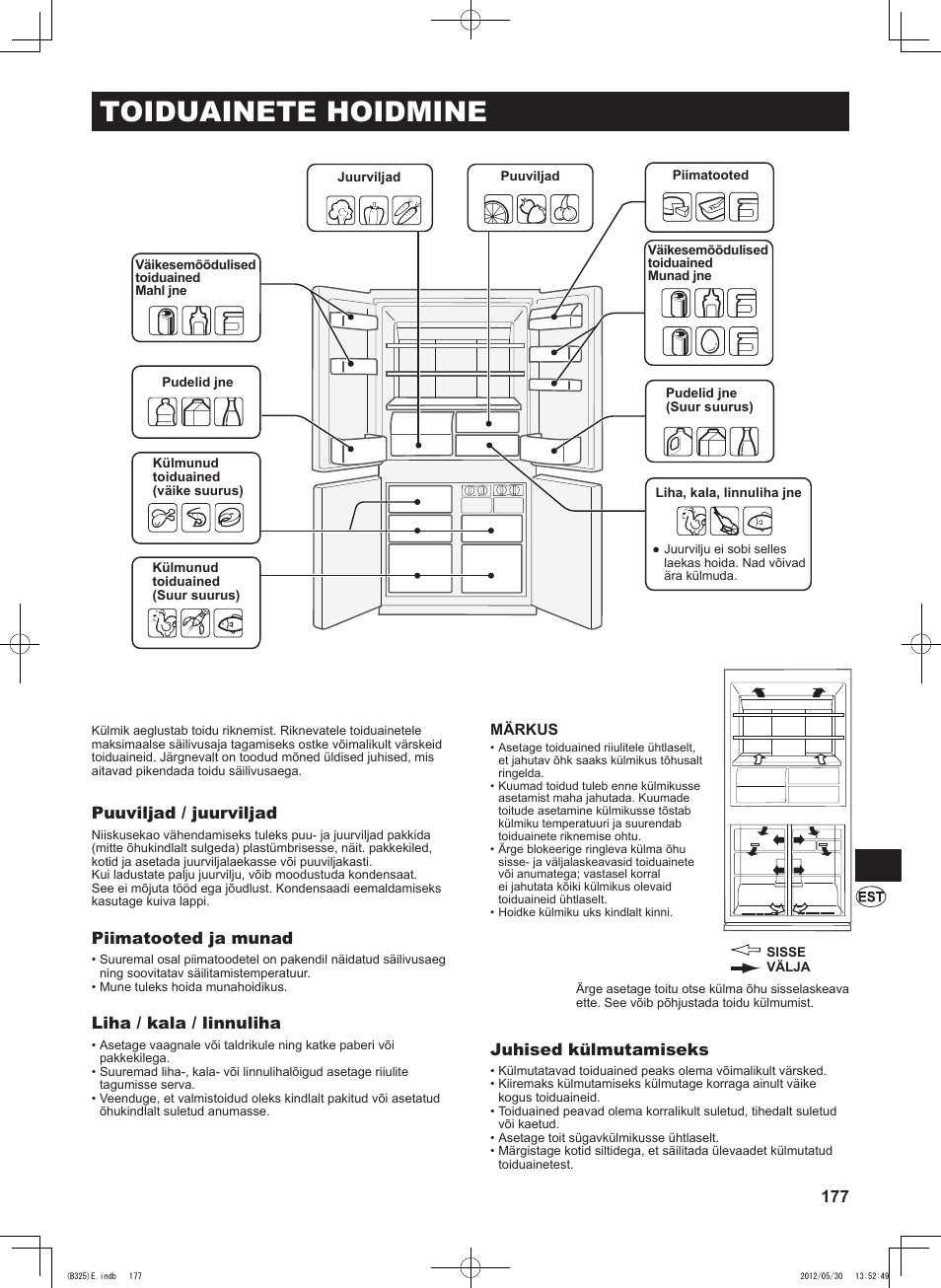 Toiduainete hoidmine, Puuviljad / juurviljad, Piimatooted ja munad | Liha / kala / linnuliha, Juhised külmutamiseks | Sharp SJ-FP760VST User Manual | Page 177 / 224