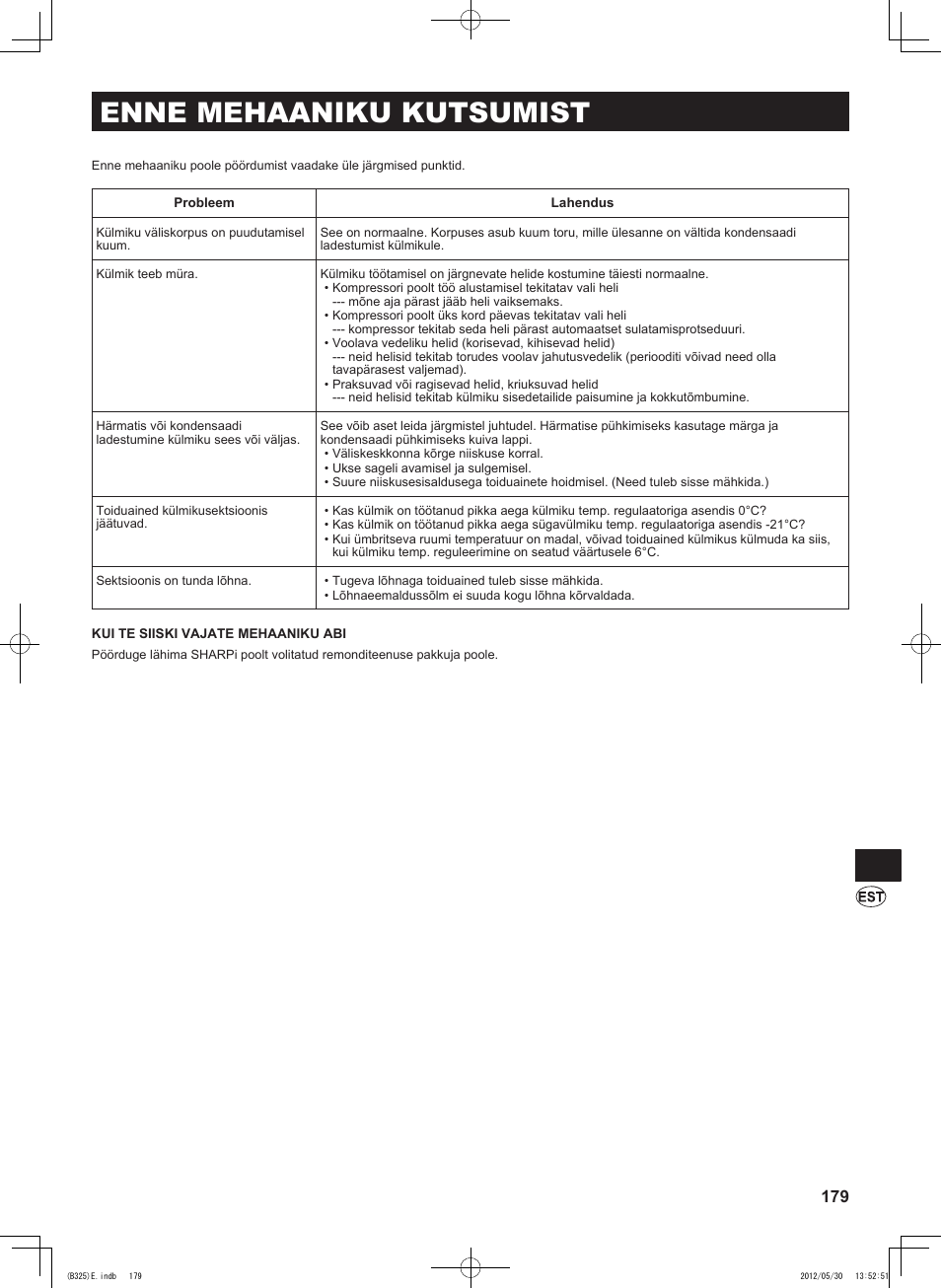 Enne mehaaniku kutsumist | Sharp SJ-FP760VST User Manual | Page 179 / 224