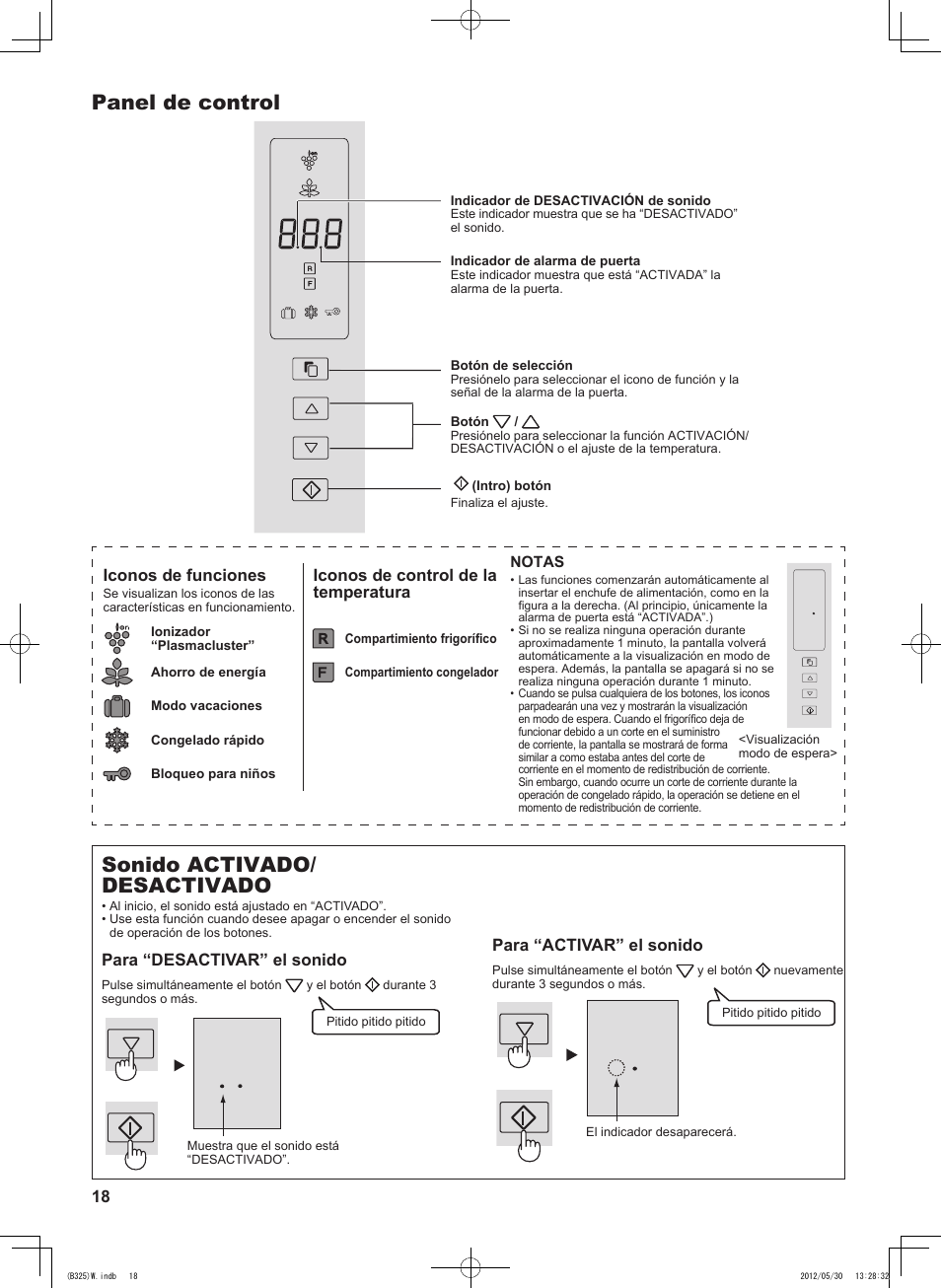 Panel de control, Sonido activado/ desactivado, 18 para “activar” el sonido | Iconos de funciones, Iconos de control de la temperatura, Para “desactivar” el sonido | Sharp SJ-FP760VST User Manual | Page 18 / 224