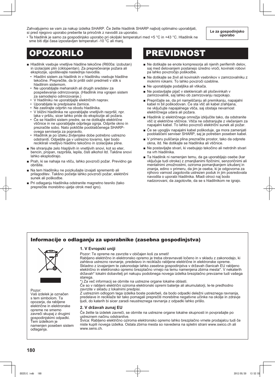 Opozorilo previdnost | Sharp SJ-FP760VST User Manual | Page 180 / 224