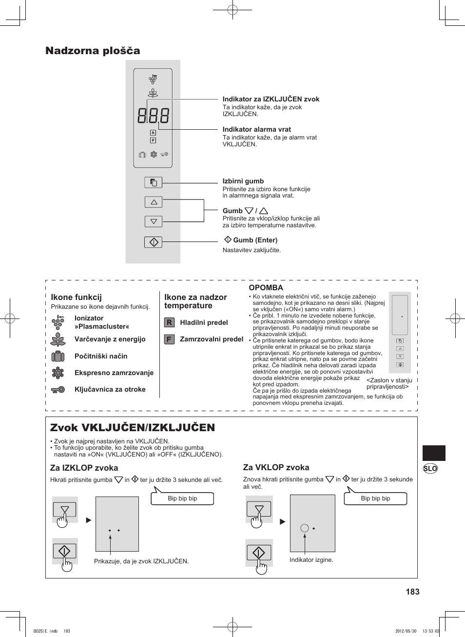 Nadzorna plošča, Zvok vključen/izključen, 183 za vklop zvoka | Ikone funkcij, Ikone za nadzor temperature, Za izklop zvoka | Sharp SJ-FP760VST User Manual | Page 183 / 224