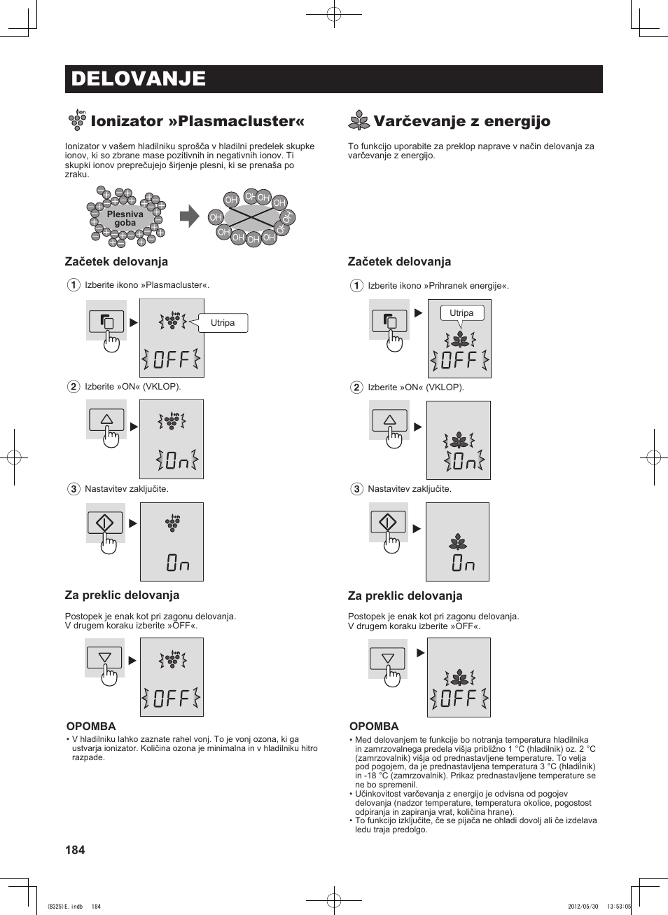 Delovanje, Ionizator »plasmacluster, Varčevanje z energijo | Sharp SJ-FP760VST User Manual | Page 184 / 224