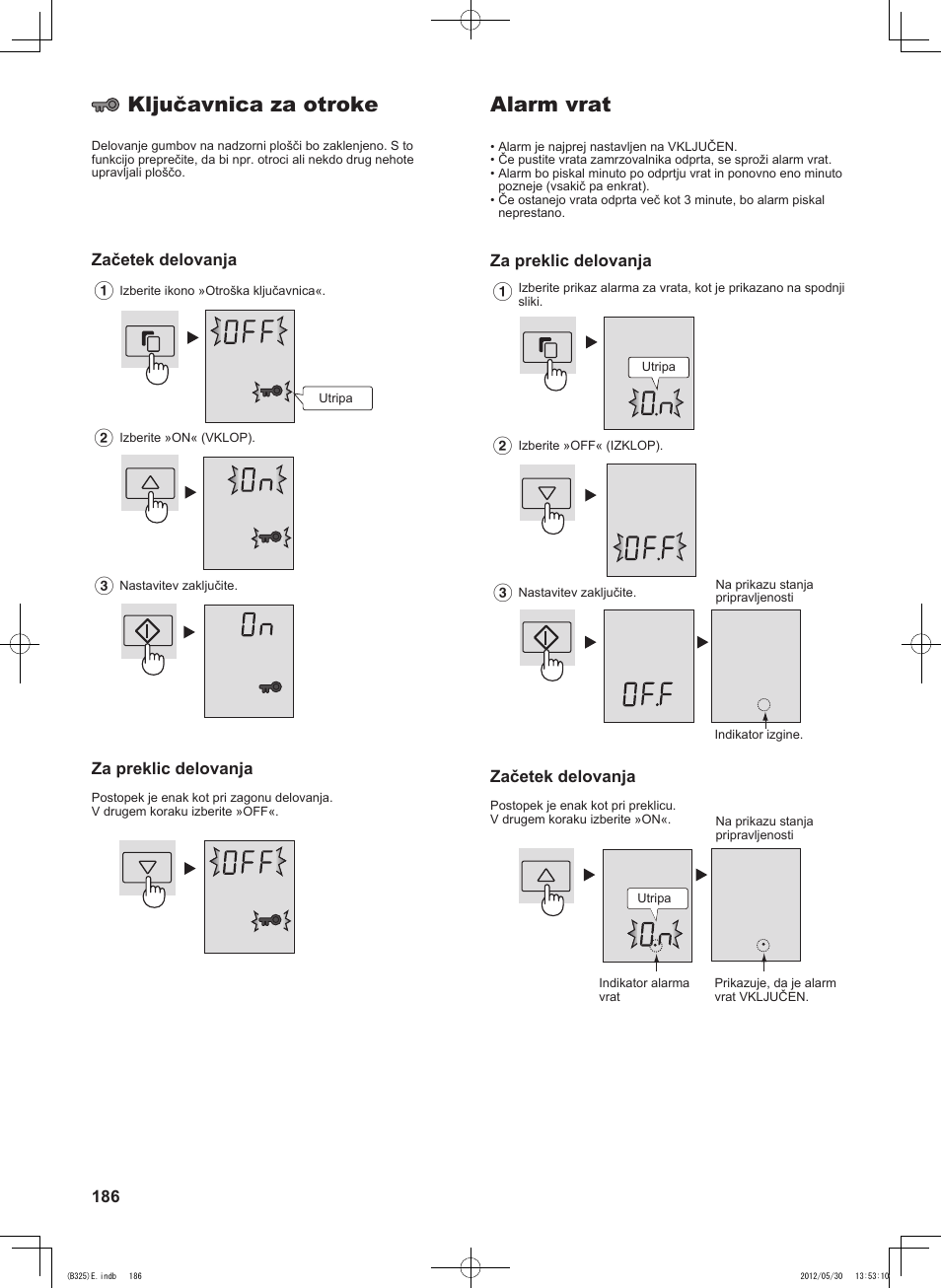 Alarm vrat, Ključavnica za otroke, Za preklic delovanja | Začetek delovanja | Sharp SJ-FP760VST User Manual | Page 186 / 224