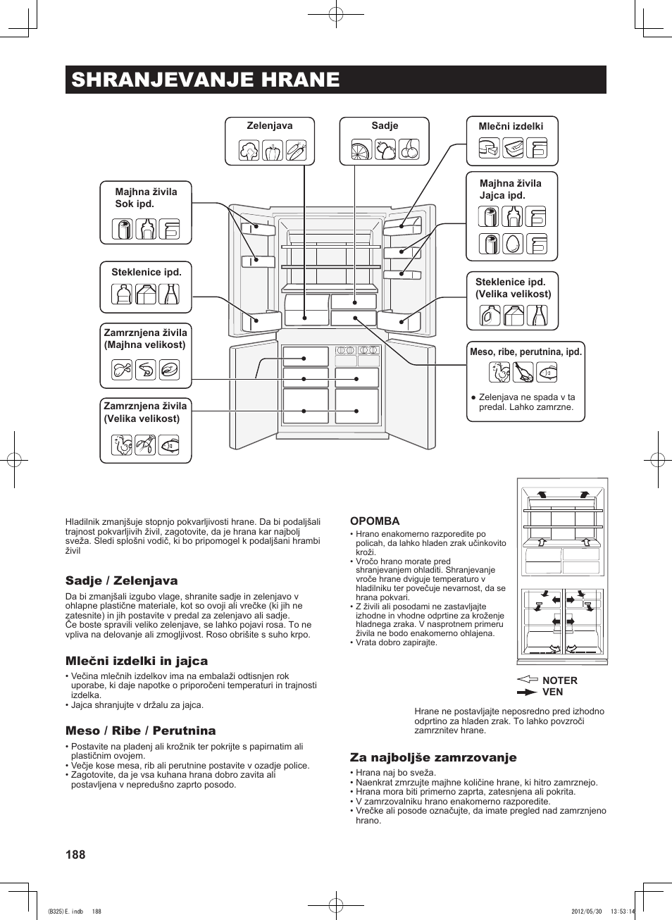 Shranjevanje hrane, Sadje / zelenjava, Mlečni izdelki in jajca | Meso / ribe / perutnina, Za najboljše zamrzovanje | Sharp SJ-FP760VST User Manual | Page 188 / 224