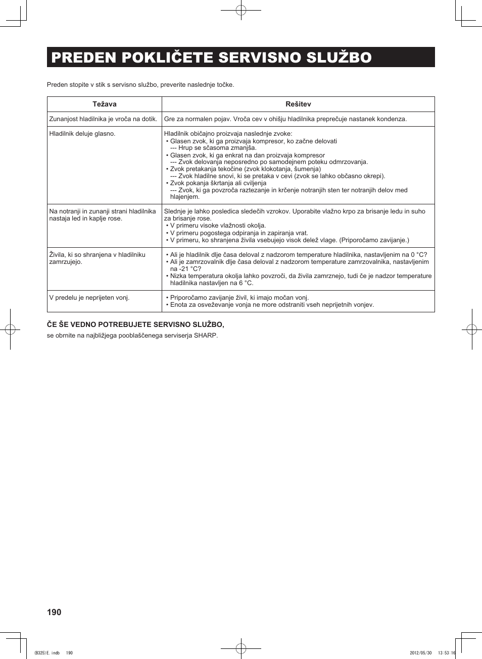 Preden pokličete servisno službo | Sharp SJ-FP760VST User Manual | Page 190 / 224