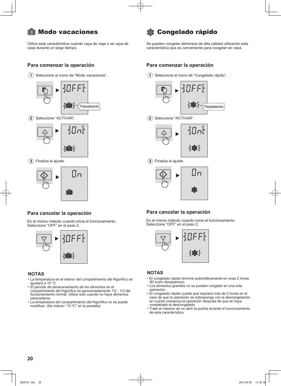 Modo vacaciones, Congelado rápido, Para comenzar la operación | Para cancelar la operación | Sharp SJ-FP760VST User Manual | Page 20 / 224