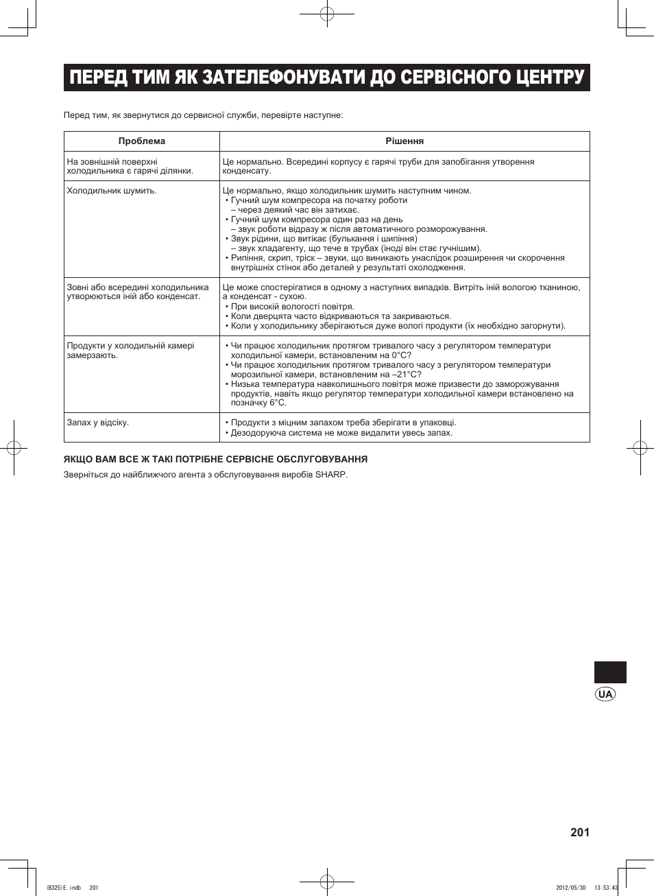 Перед тим як зателефонувати до сервісного центру | Sharp SJ-FP760VST User Manual | Page 201 / 224