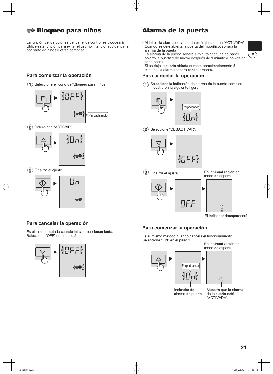 Alarma de la puerta, Bloqueo para niños, Para cancelar la operación | Para comenzar la operación | Sharp SJ-FP760VST User Manual | Page 21 / 224