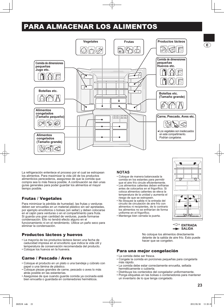 Para almacenar los alimentos, Frutas / vegetales, Productos lácteos y huevos | Carne / pescado / aves, Para una mejor congelación | Sharp SJ-FP760VST User Manual | Page 23 / 224