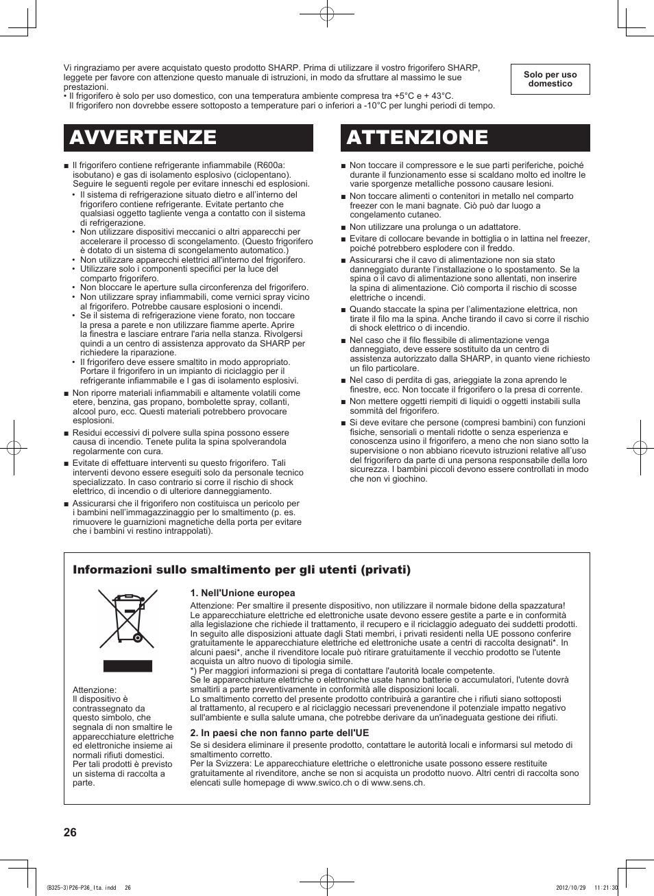 Avvertenze attenzione | Sharp SJ-FP760VST User Manual | Page 26 / 224