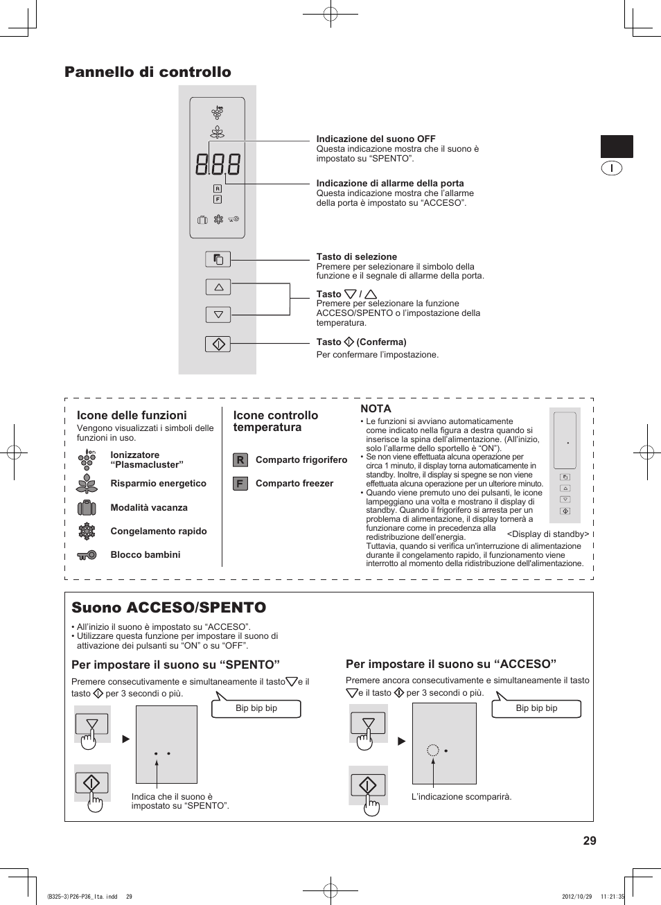 Pannello di controllo, Suono acceso/spento, 29 per impostare il suono su “acceso | Icone delle funzioni, Icone controllo temperatura, Per impostare il suono su “spento | Sharp SJ-FP760VST User Manual | Page 29 / 224