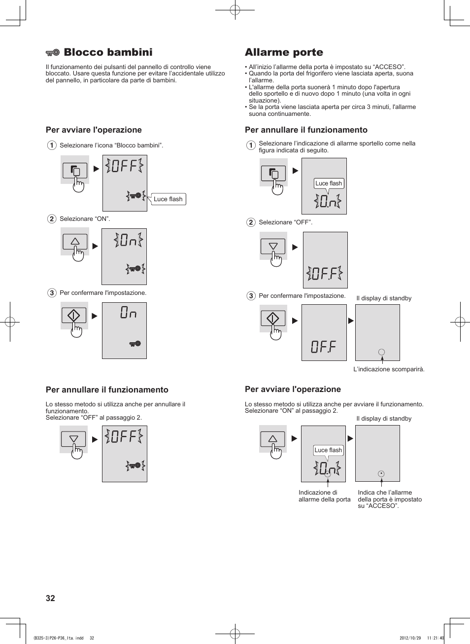 Allarme porte, Blocco bambini, Per annullare il funzionamento | Per avviare l'operazione | Sharp SJ-FP760VST User Manual | Page 32 / 224