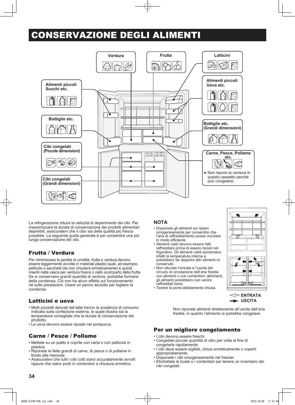 Conservazione degli alimenti, Frutta / verdura, Latticini e uova | Carne / pesce / pollame, Per un migliore congelamento | Sharp SJ-FP760VST User Manual | Page 34 / 224