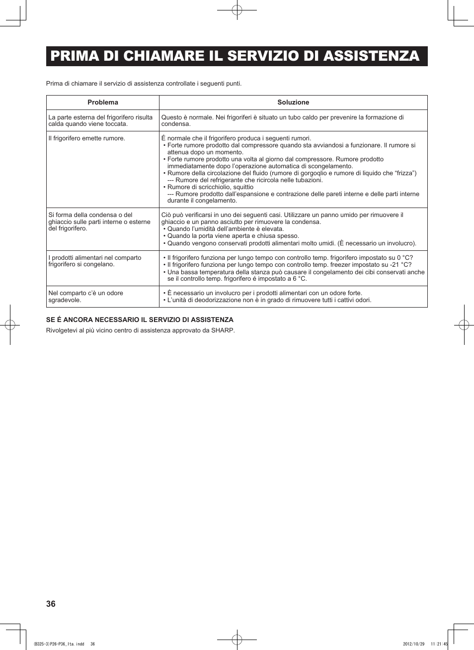 Prima di chiamare il servizio di assistenza | Sharp SJ-FP760VST User Manual | Page 36 / 224