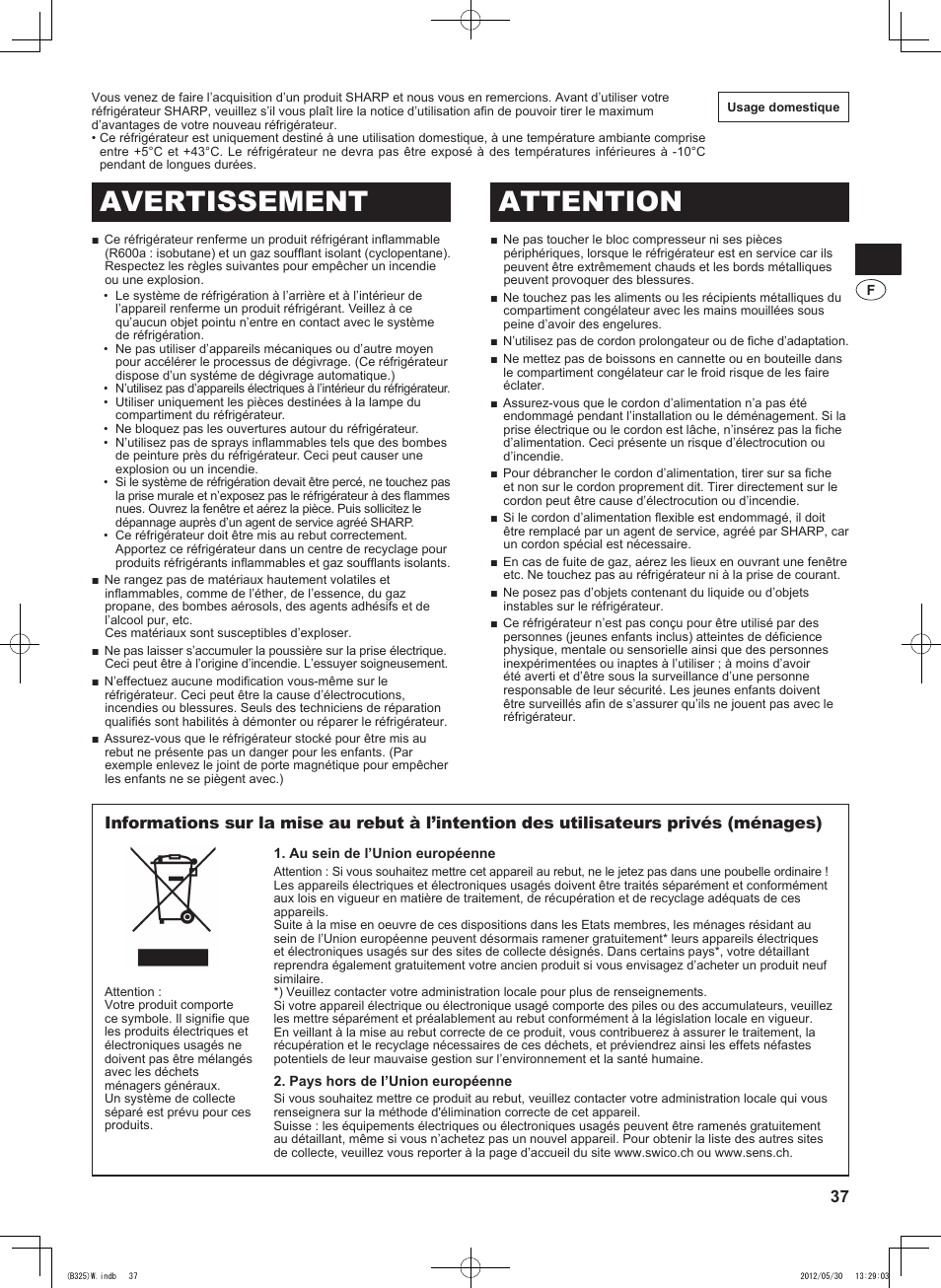 Avertissement attention | Sharp SJ-FP760VST User Manual | Page 37 / 224