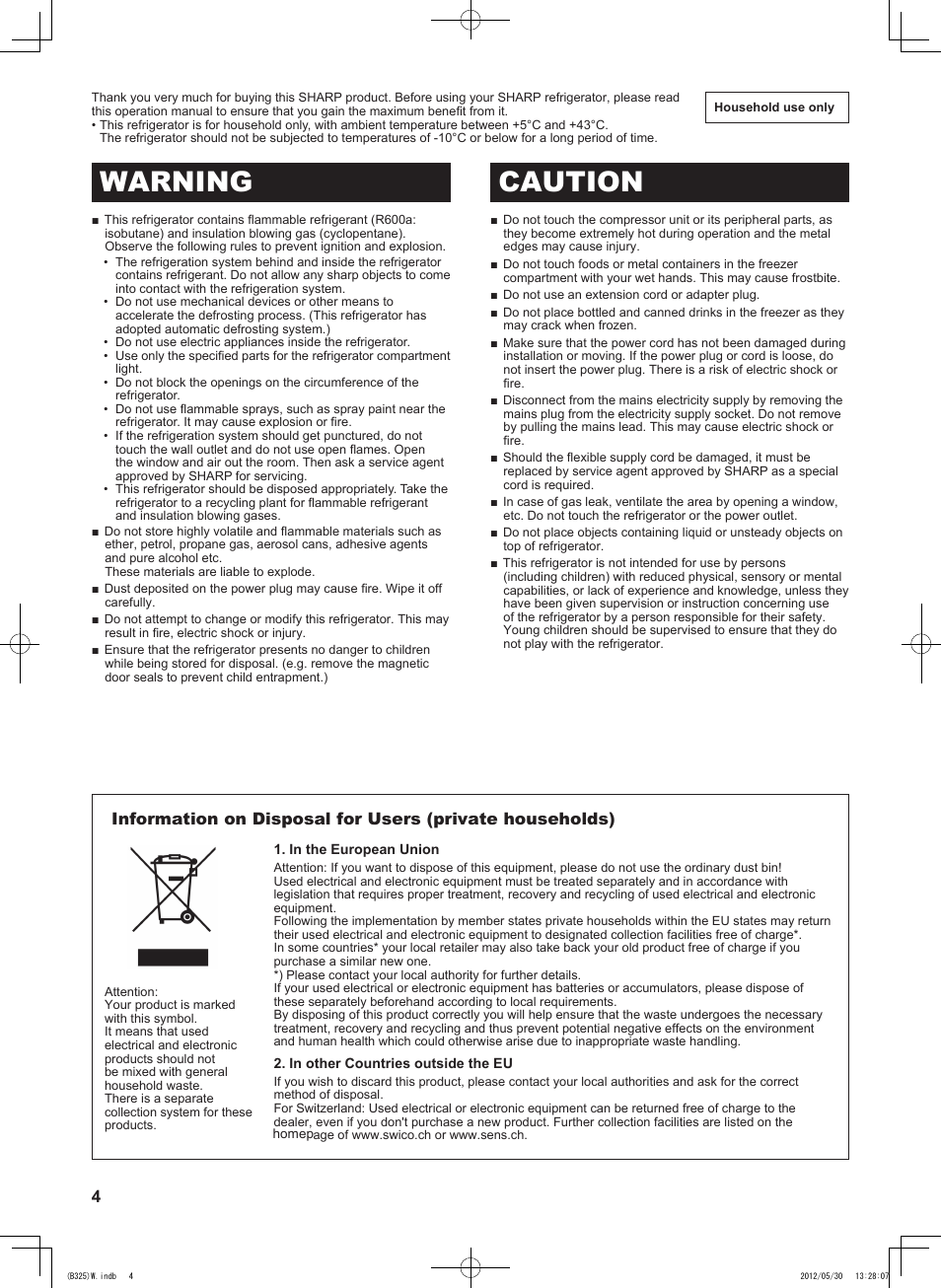 Warning caution | Sharp SJ-FP760VST User Manual | Page 4 / 224