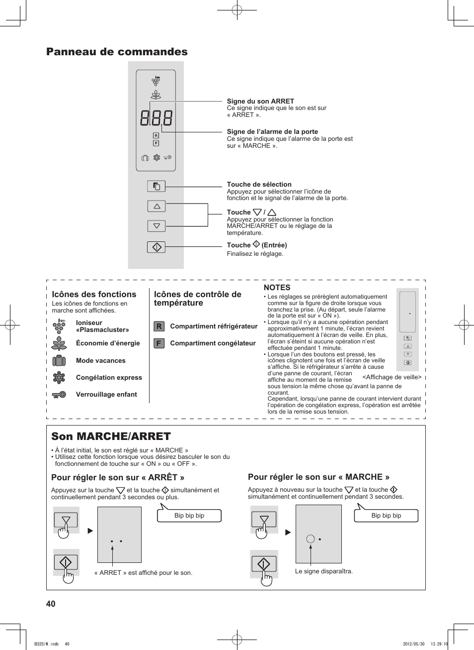 Panneau de commandes, Son marche/arret, 40 pour régler le son sur « marche | Icônes des fonctions, Icônes de contrôle de température, Pour régler le son sur « arrêt | Sharp SJ-FP760VST User Manual | Page 40 / 224