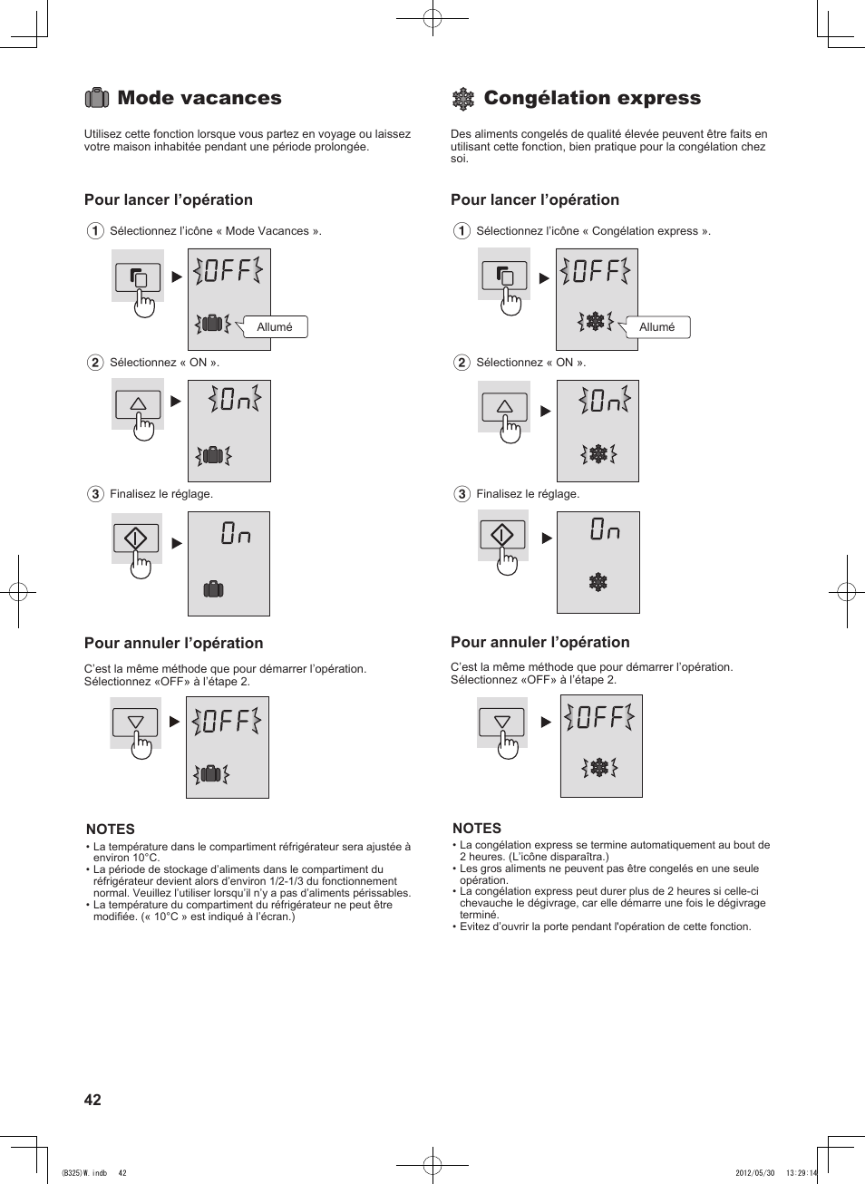 Mode vacances, Congélation express, Pour lancer l’opération | Pour annuler l’opération | Sharp SJ-FP760VST User Manual | Page 42 / 224