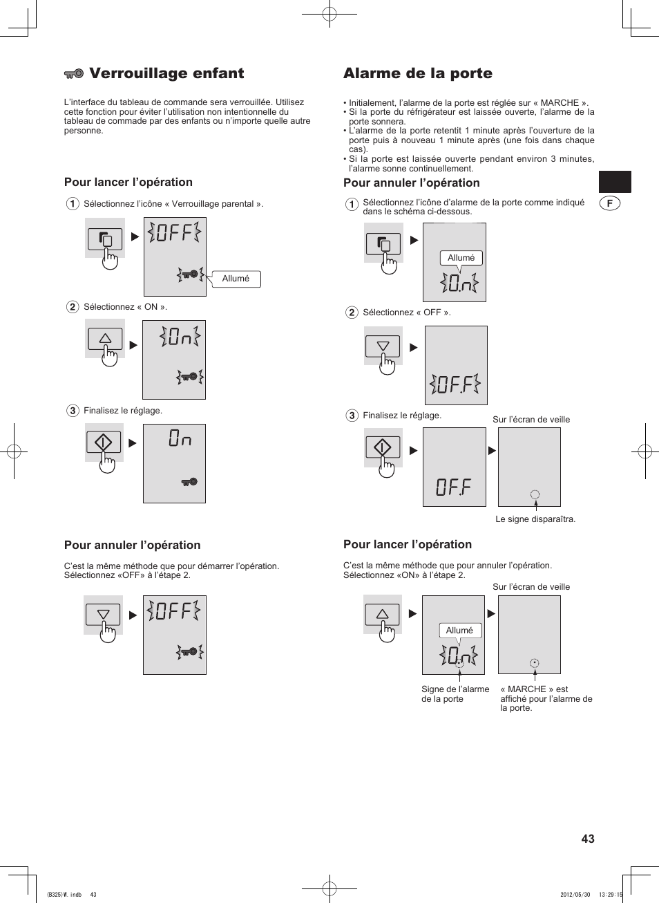 Alarme de la porte, Verrouillage enfant, Pour annuler l’opération | Pour lancer l’opération | Sharp SJ-FP760VST User Manual | Page 43 / 224