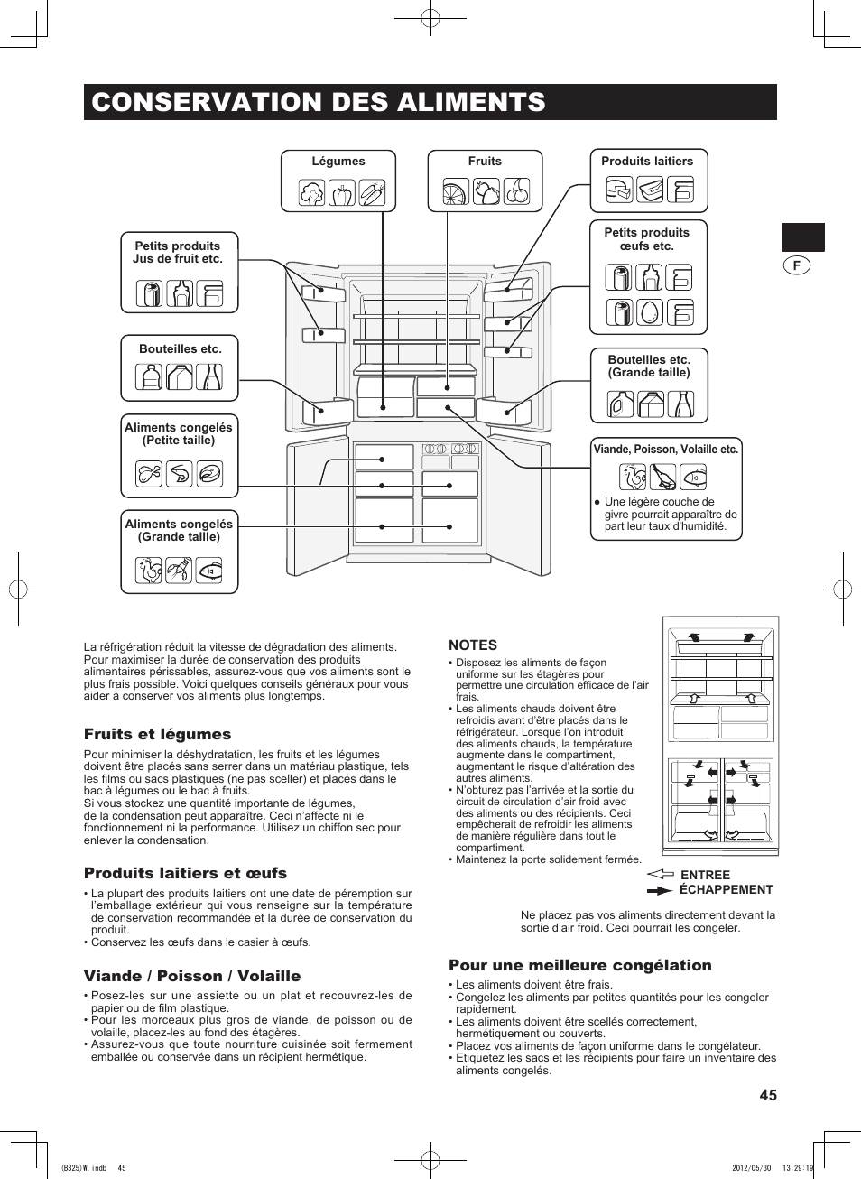 Conservation des aliments, Fruits et légumes, Produits laitiers et œufs | Viande / poisson / volaille, Pour une meilleure congélation | Sharp SJ-FP760VST User Manual | Page 45 / 224