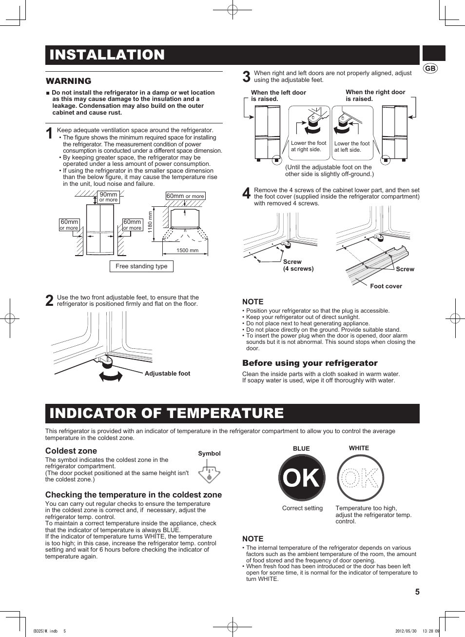 Installation, Indicator of temperature, 5warning | Before using your refrigerator, Coldest zone, Checking the temperature in the coldest zone | Sharp SJ-FP760VST User Manual | Page 5 / 224